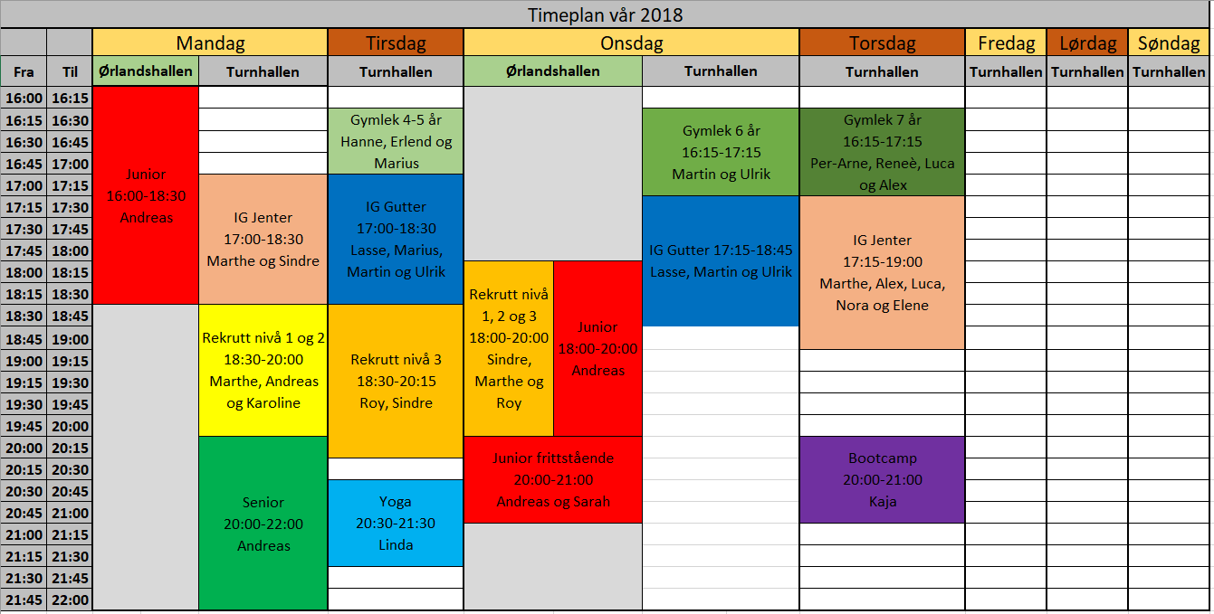 Timeplan og terminliste våren 2018